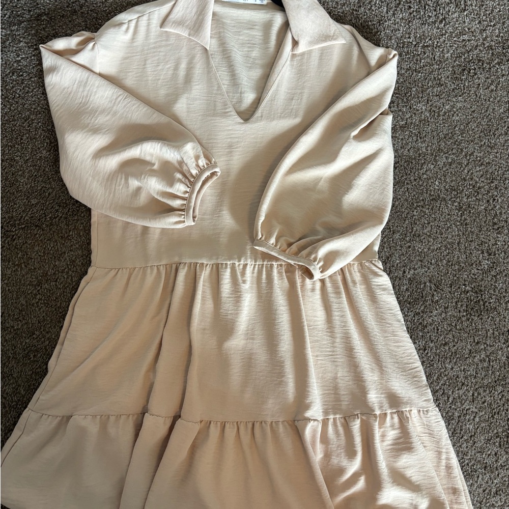 Cream Long-Sleeve Tiered Dress